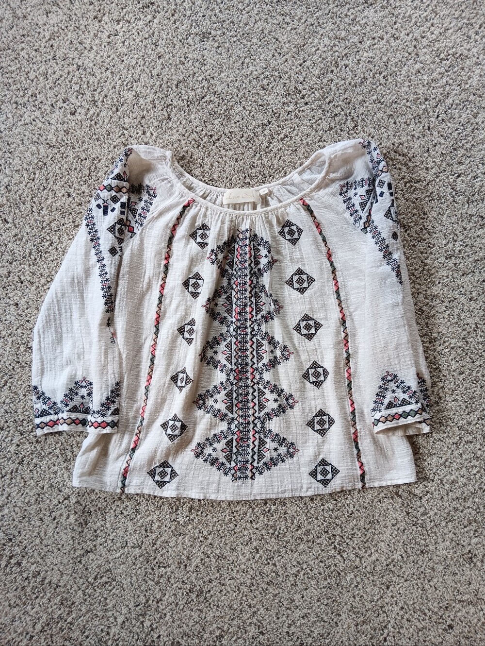 Love Sam Anthropologie Brand White Blouse Aztec Embroidered Medium Shirt